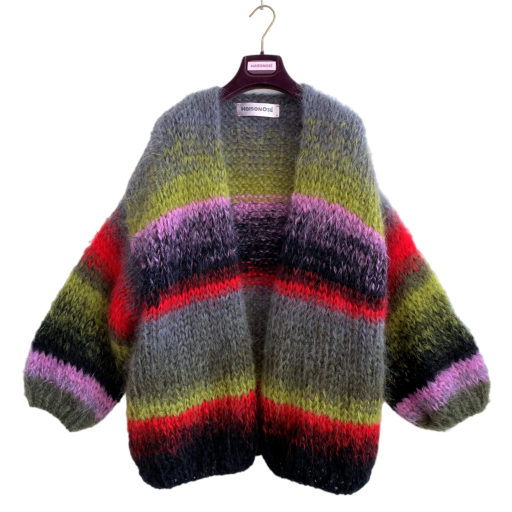 Grof Gebreid Damesvest Mohair In Tie Dye Strepen Roest Lila Maison Os