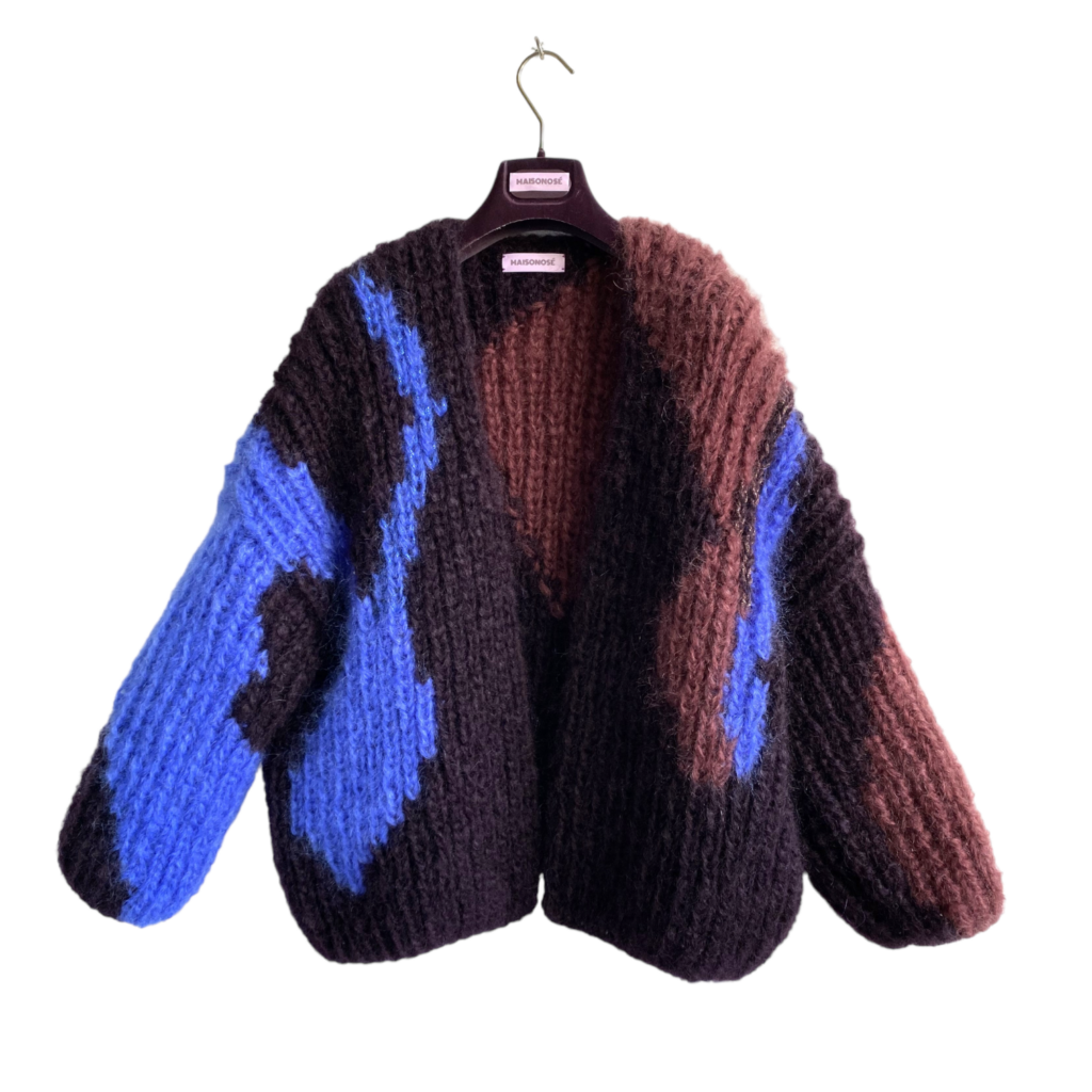 Chunky Gebreide Mohair Cardigan In Aubergine Met Camo Print In Blauw En