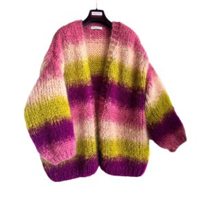 Bernadette damesvest mohair hand gebreid met tie-dye strepen camel, roze, lime en cyclaam