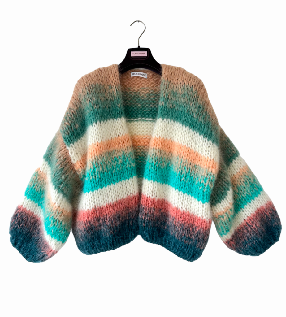 Bernadette vest mohair met strepen in wit camel turquoise Maison Osé