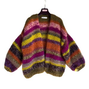 Multi color mohair cardigan indian summer gestreept in de kleuren taupe, roest, olijfgroen, lime, berry, aubergine, camel en burgundy