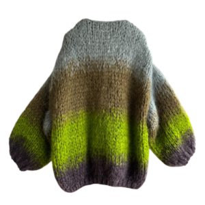 Lang damesvest mohair met tie-dye strepen olijf, appel sage